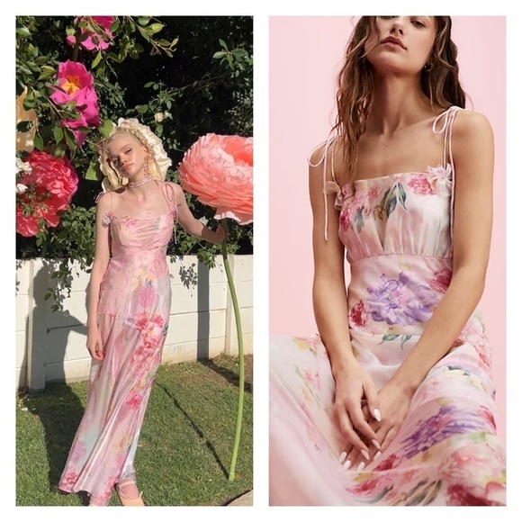FOR LOVE & LEMONS Lisa Pink Floral Chiffon Lace Up Maxi Dress Small NWT - Picture 1 of 15
